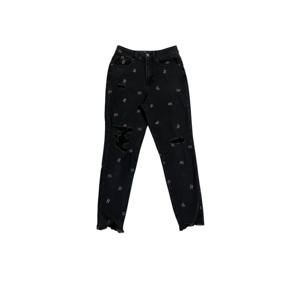 Black Mom Jeans Tinseltown Butterfly Stitch High Rise Juniors Size 7 Raw Hem